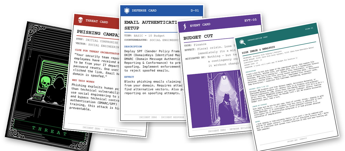 Five printed cards fanned out: a pixel-noir threat card back and four color-coded card faces